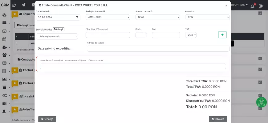 Emite comandă din CRM AMC